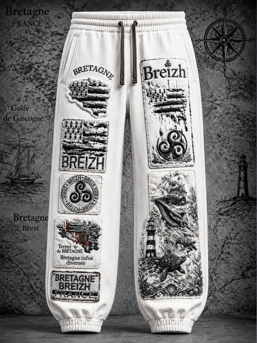 Pantalon décontracté en patchwork à imprimé marin breton français blanc pour homme