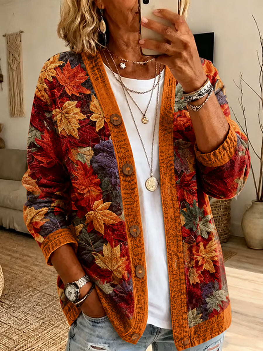 Femmes Automne Feuilles Tombées Imprimer Cardigan