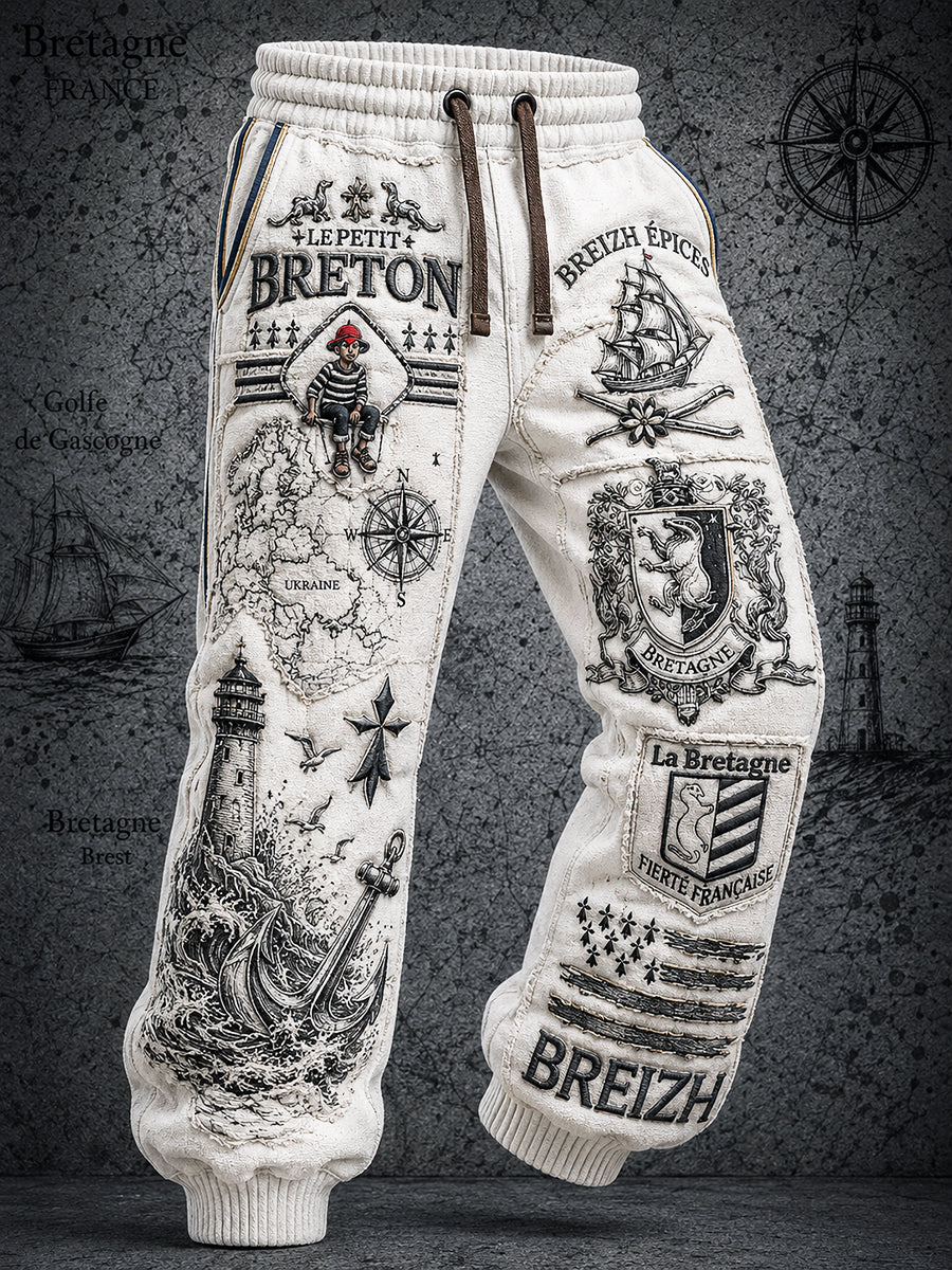 Pantalon décontracté pour homme, style marin breton français, blanc vintage, motif patchwork