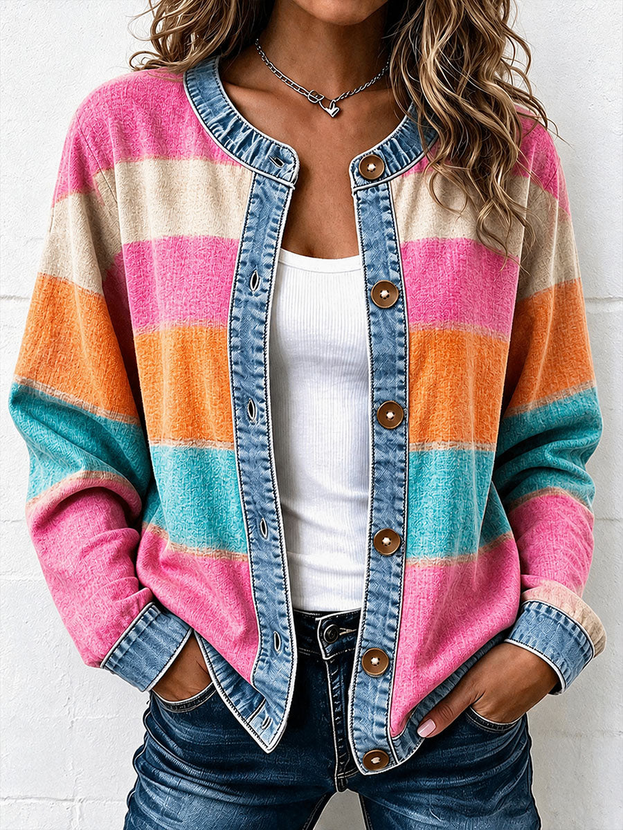 Cardigan en jean à motifs rayés et patchwork pour femme