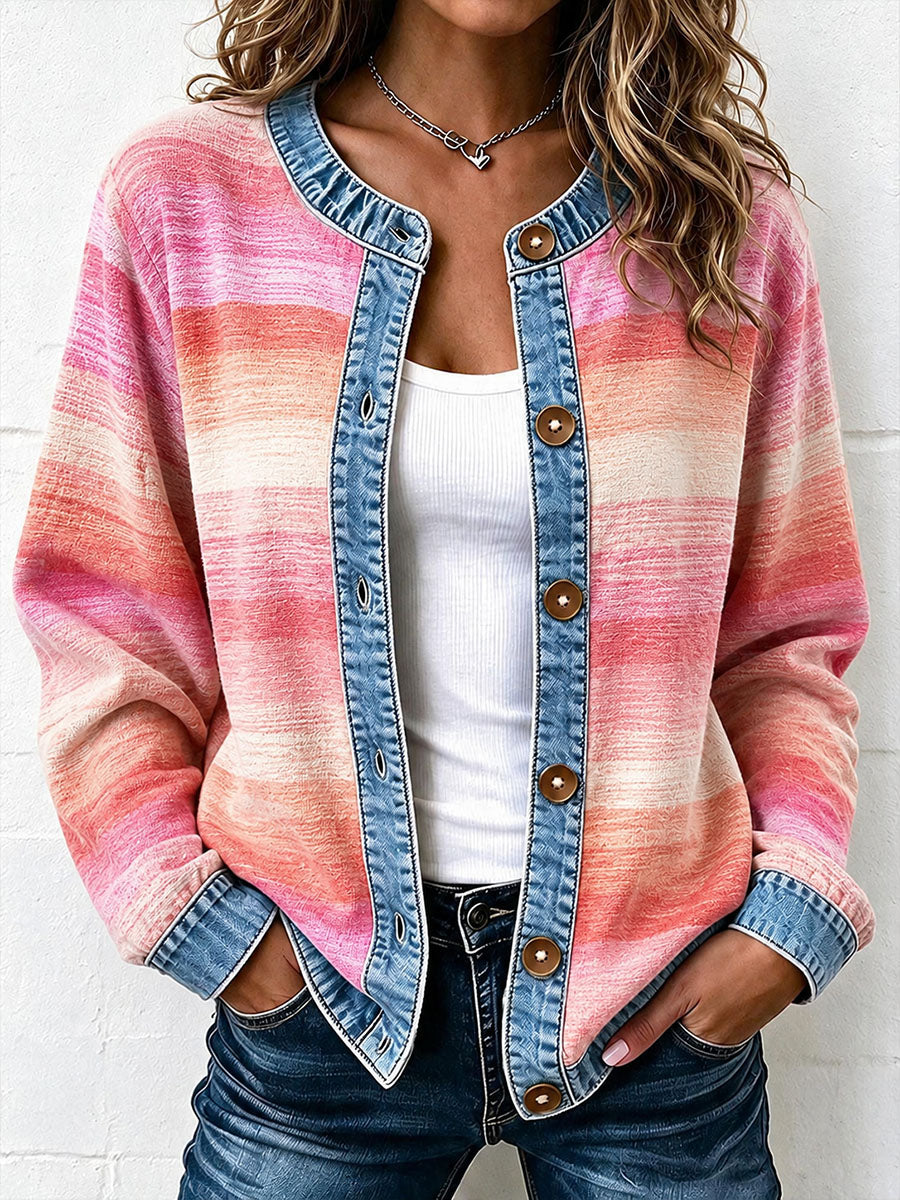 Cardigan en jean à motifs rayés et patchwork pour femme