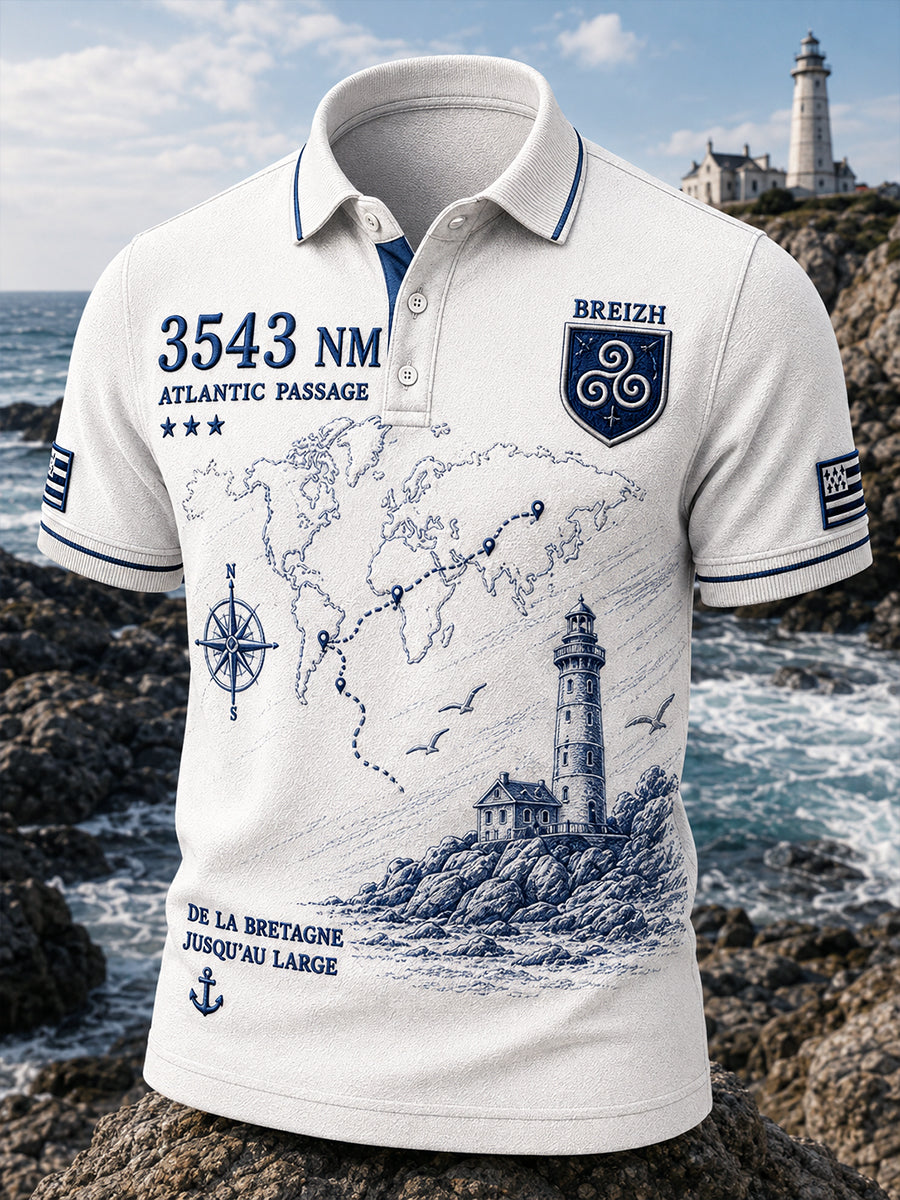 Polo minimaliste blanc pour homme à imprimé breton «Route du Rhum»