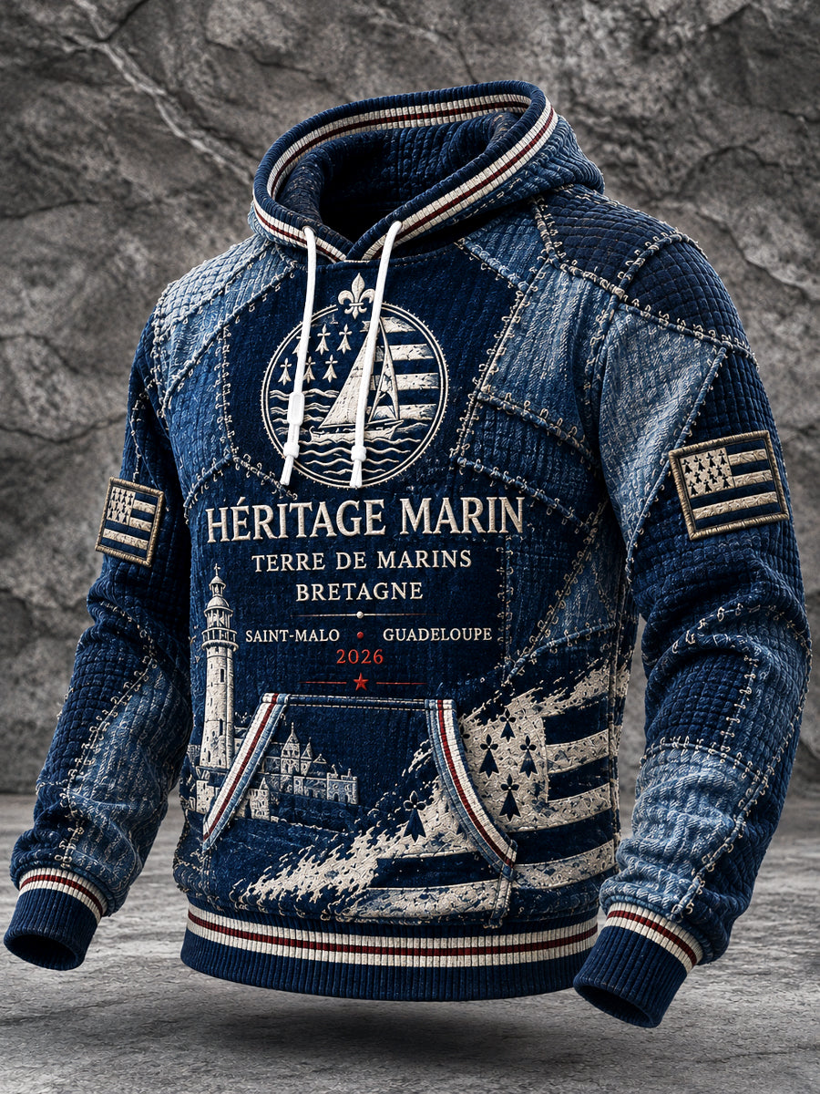 Sweat à capuche décontracté et sportif pour homme, imprimé patchwork «Route du Rhum» de Bretagne