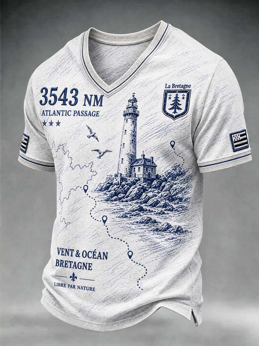 T-shirt décontracté à col en V pour homme, imprimé graffiti «Route du Rhum» de Bretagne, France