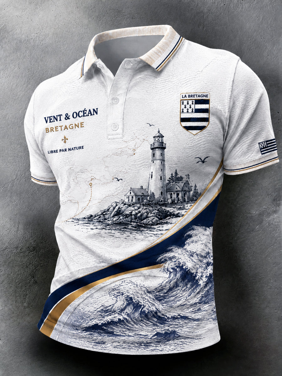 Polo décontracté blanc pour homme, imprimé «Route du Rhum» de la Bretagne française