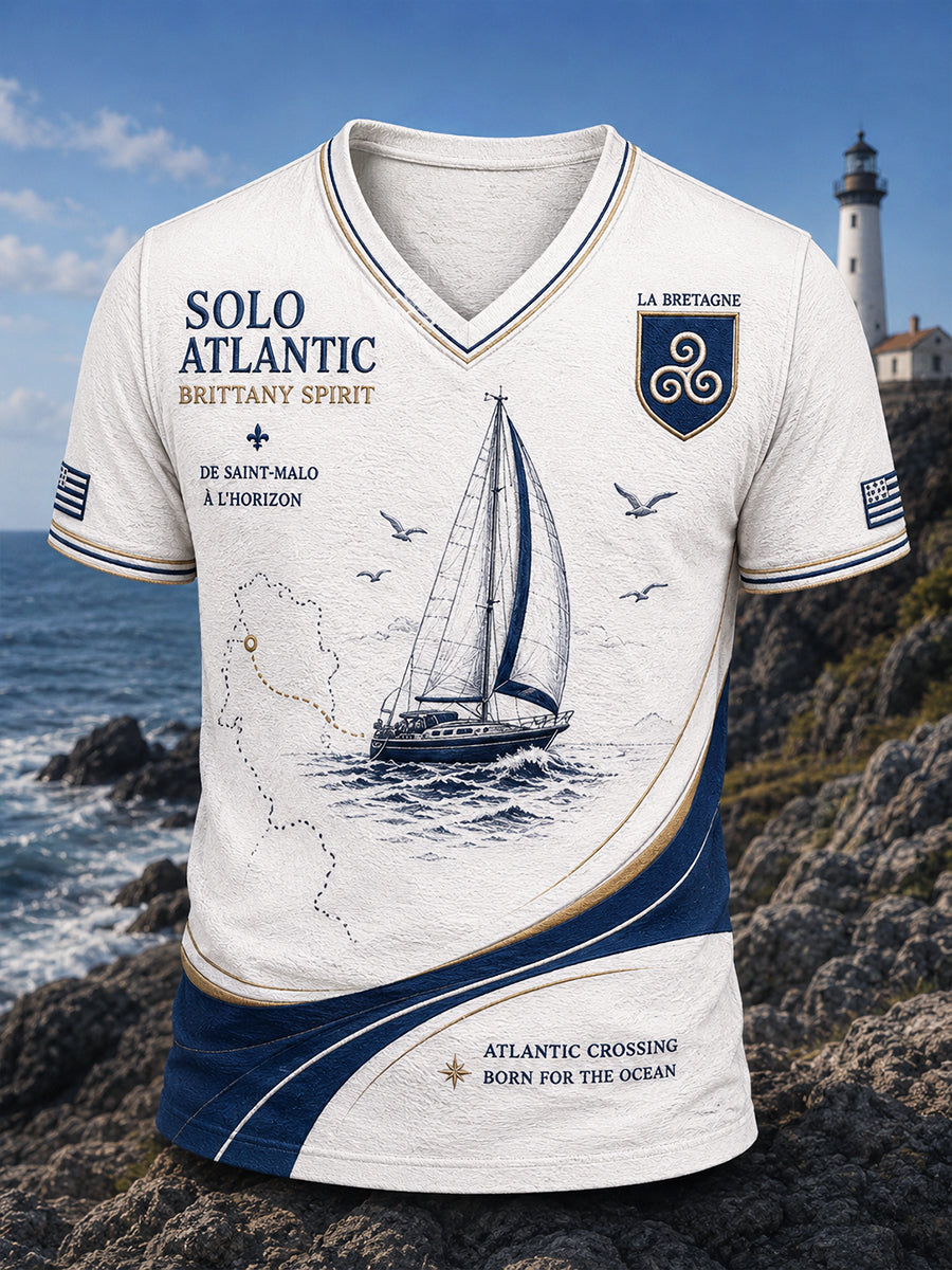 T-shirt décontracté à col en V pour homme, blanc à rayures bretonnes, imprimé «Route du Rhum»