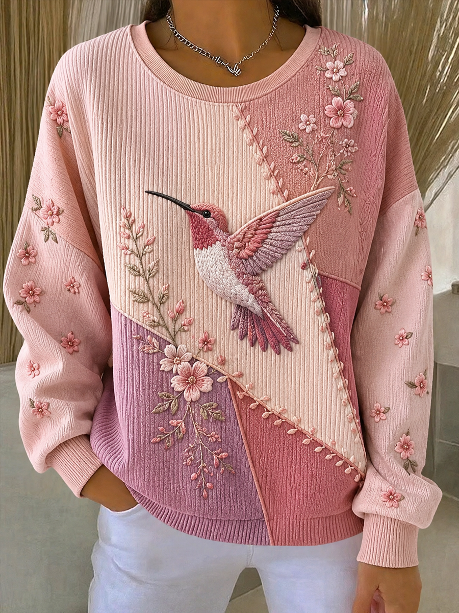 Sweat-shirt à col rond côtelé avec impression artistique de colibri pour femme