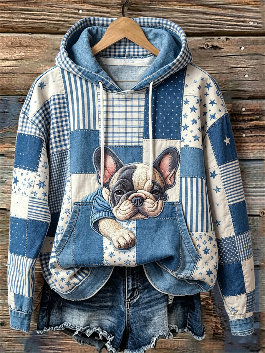 Belle Sleepy Français Bulldog Patchwork Art Print hoodie des femmes