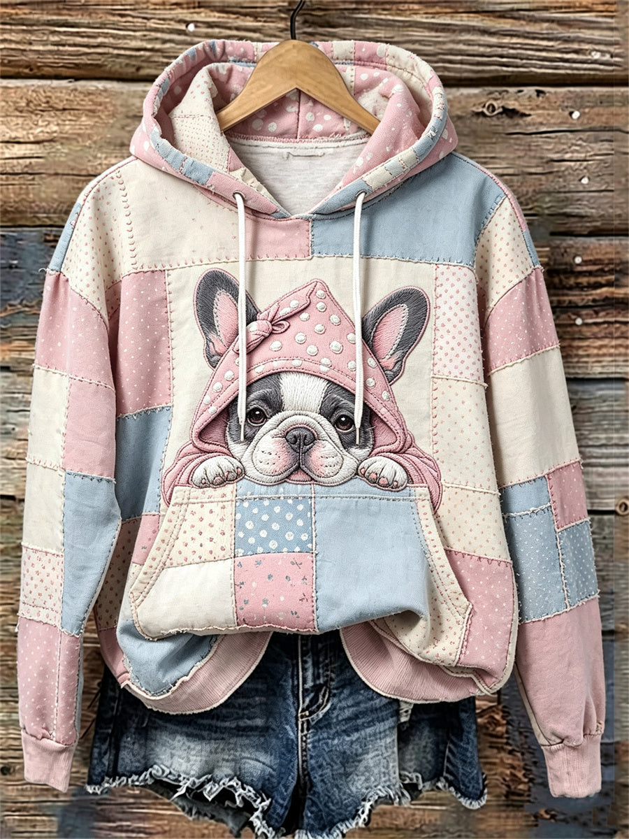 Sweat à capuche pour femme avec impression artistique en patchwork représentant un bouledogue français endormi et mignon