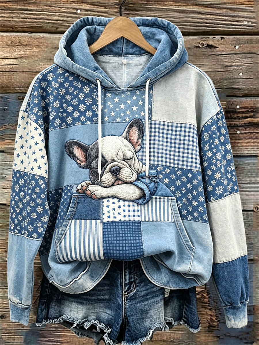 Sweat à capuche pour femme avec impression artistique en patchwork représentant un bouledogue français endormi et mignon