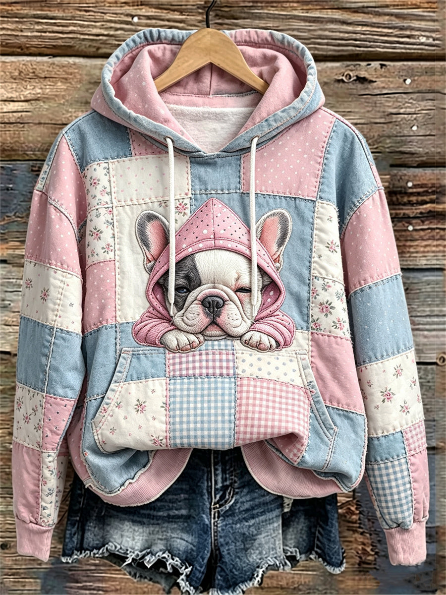 Sweat à capuche pour femme avec impression artistique en patchwork représentant un bouledogue français endormi et mignon