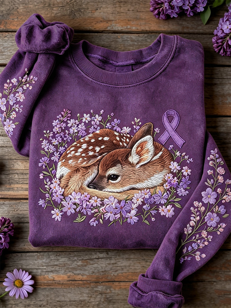 Sweatshirt Femme Forêt Cerf & Violet Ruban Imprimé Floral