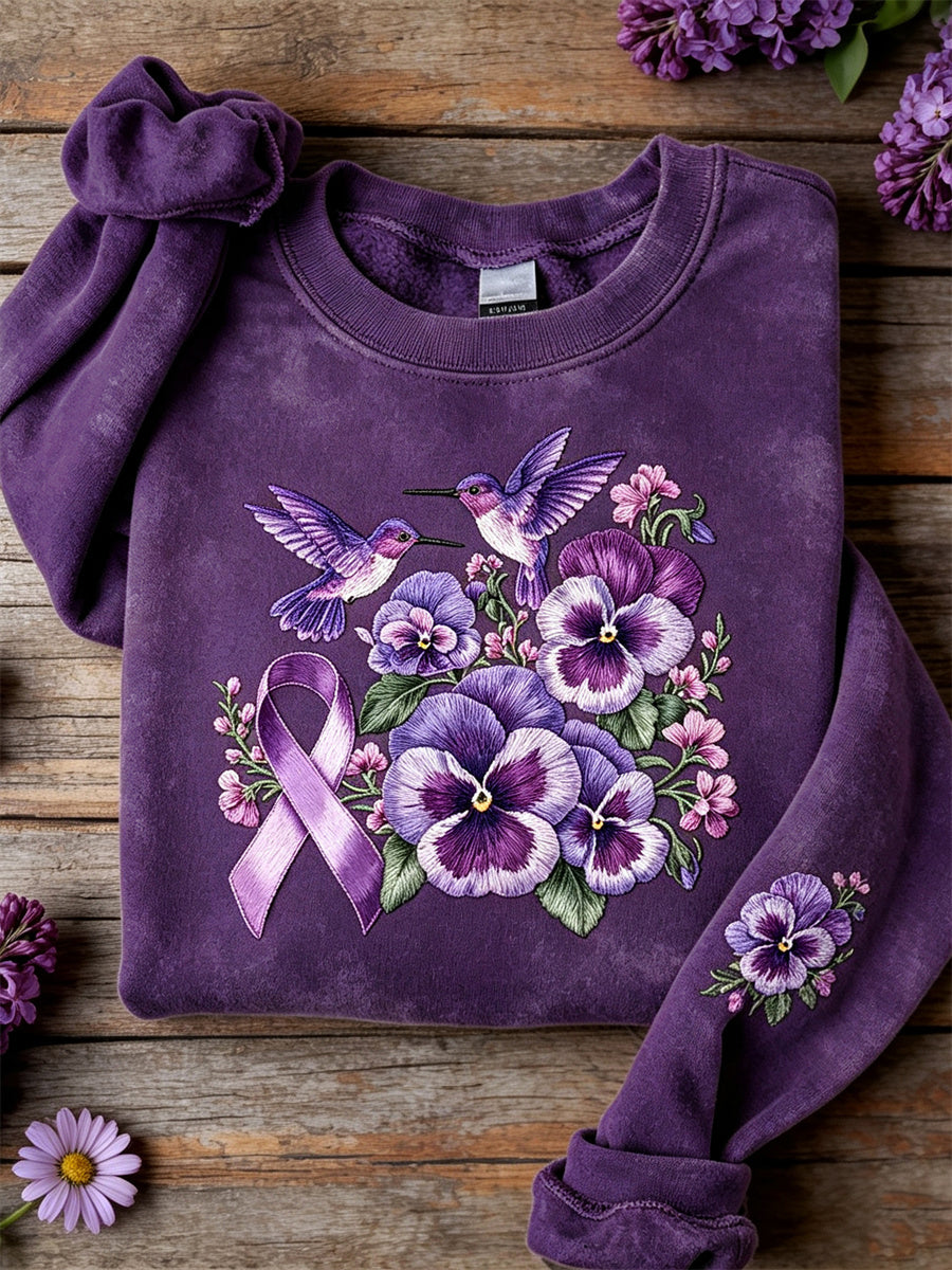Sweatshirt Femme Humming Birds & Purple Ruban Pansy Imprimé Floral