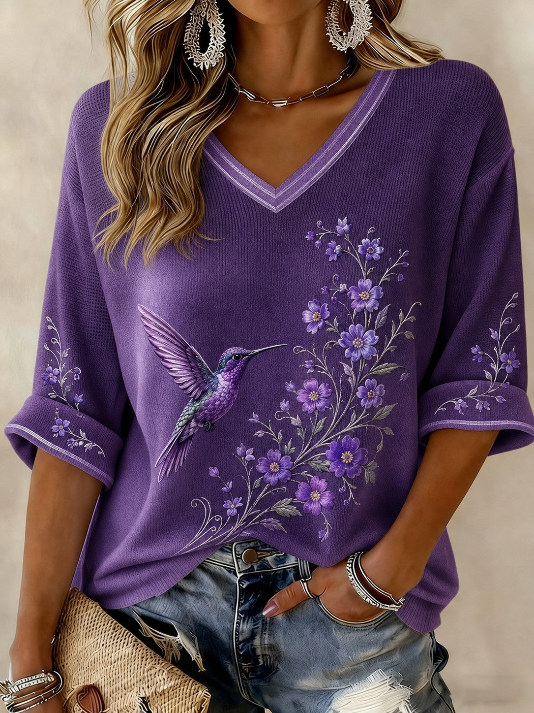 T-shirt femme contre la maladie d’Alzheimer, à manches mi-longues et col en V, imprimé de fleurs