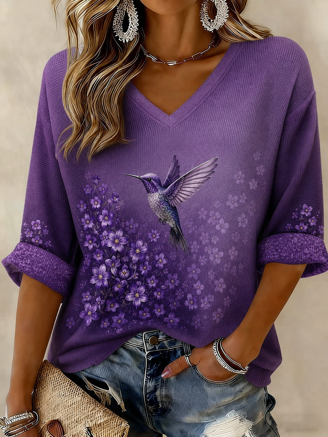 T-shirt femme contre la maladie d’Alzheimer, à manches mi-longues et col en V, imprimé de fleurs