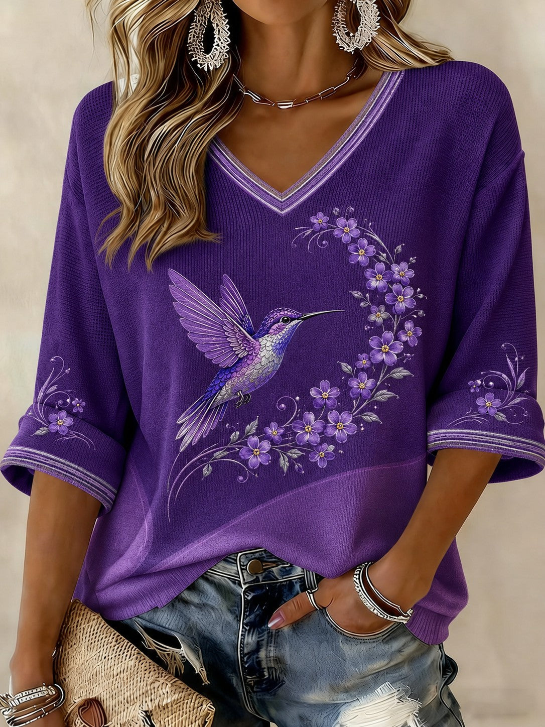 T-shirt femme contre la maladie d’Alzheimer, à manches mi-longues et col en V, imprimé de fleurs