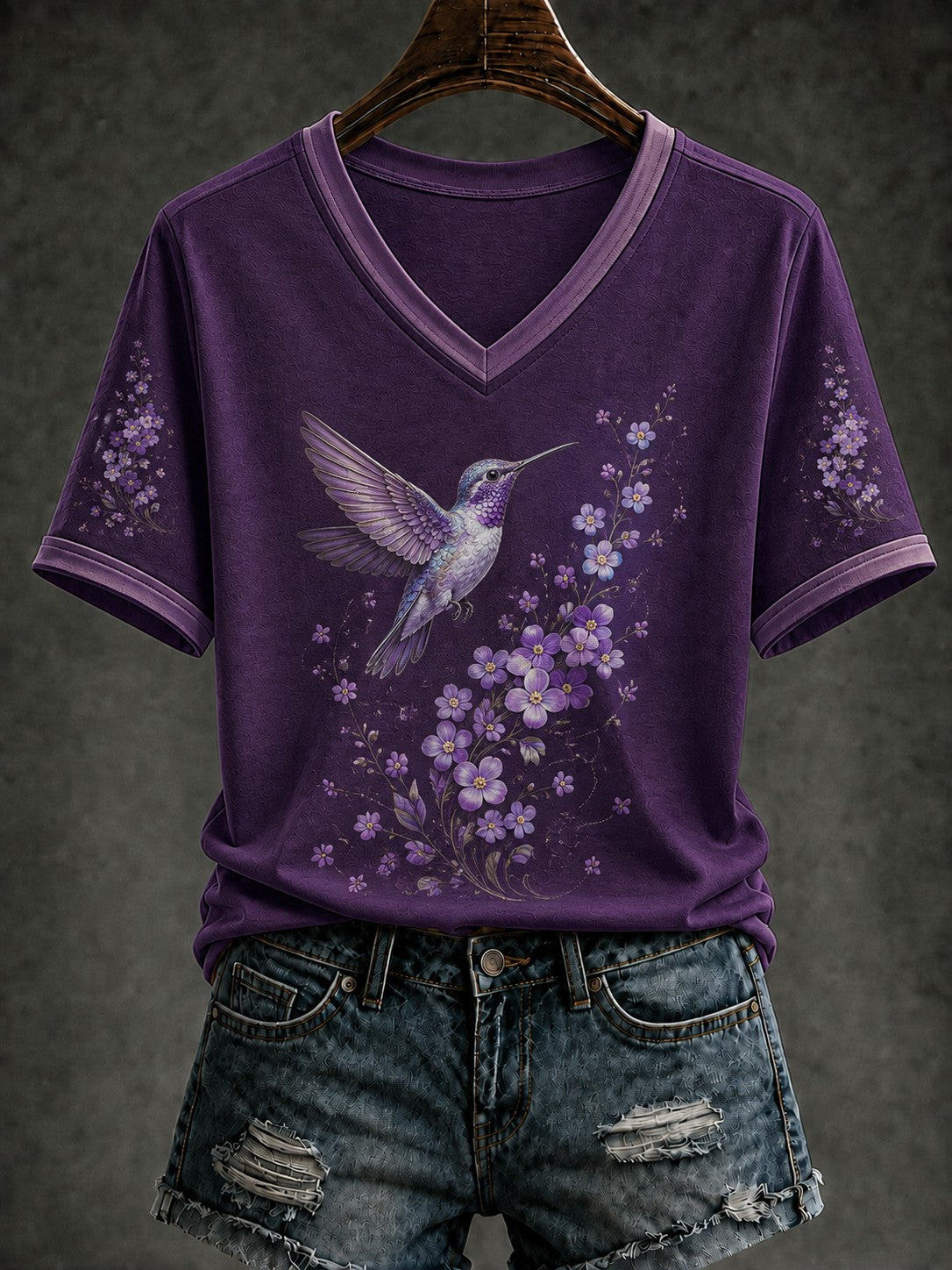 T-shirt à col en V imprimé de fleurs sur le thème de la maladie d’Alzheimer chez les femmes