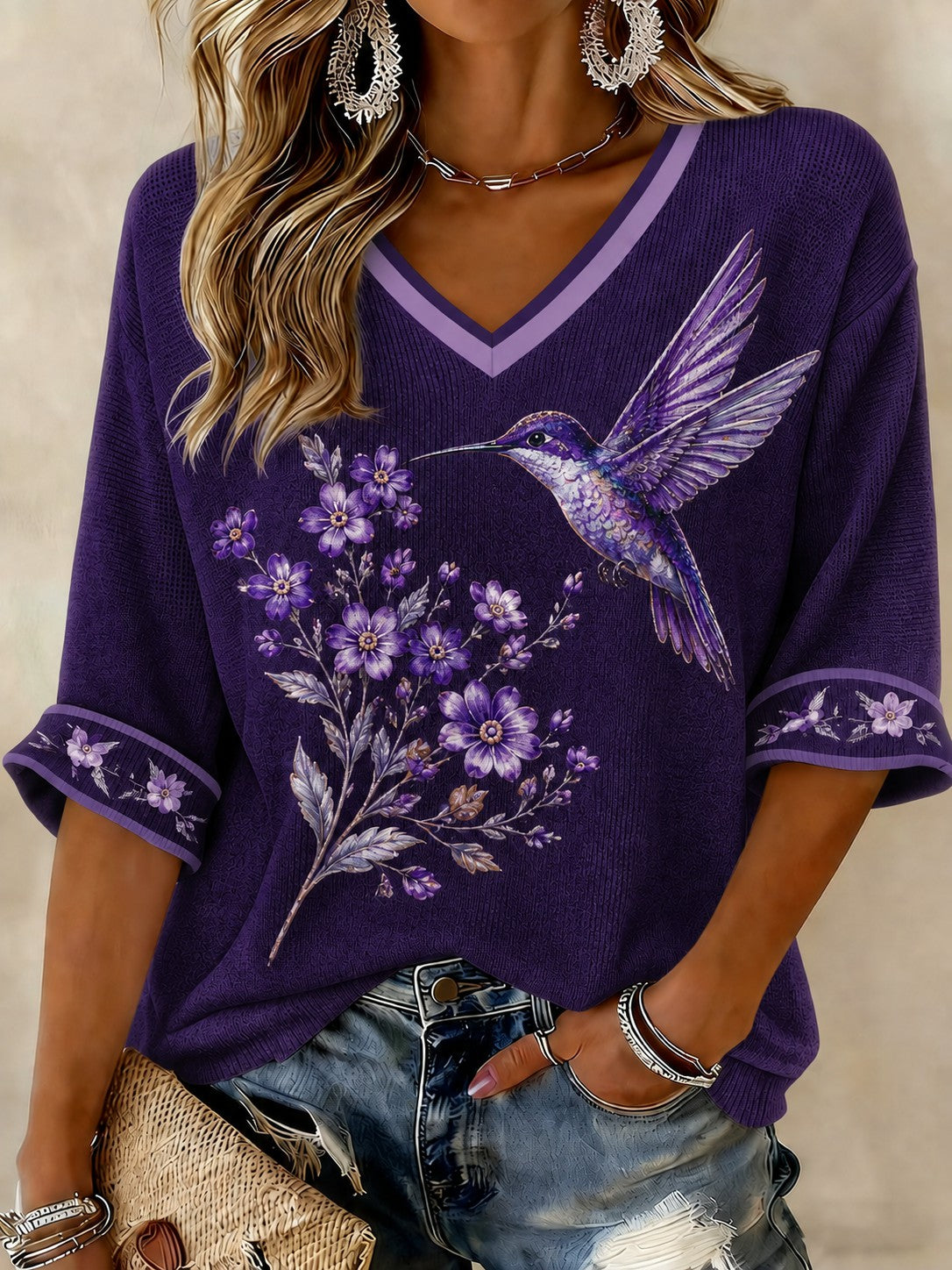T-shirt femme contre la maladie d’Alzheimer, à manches mi-longues et col en V, imprimé de fleurs