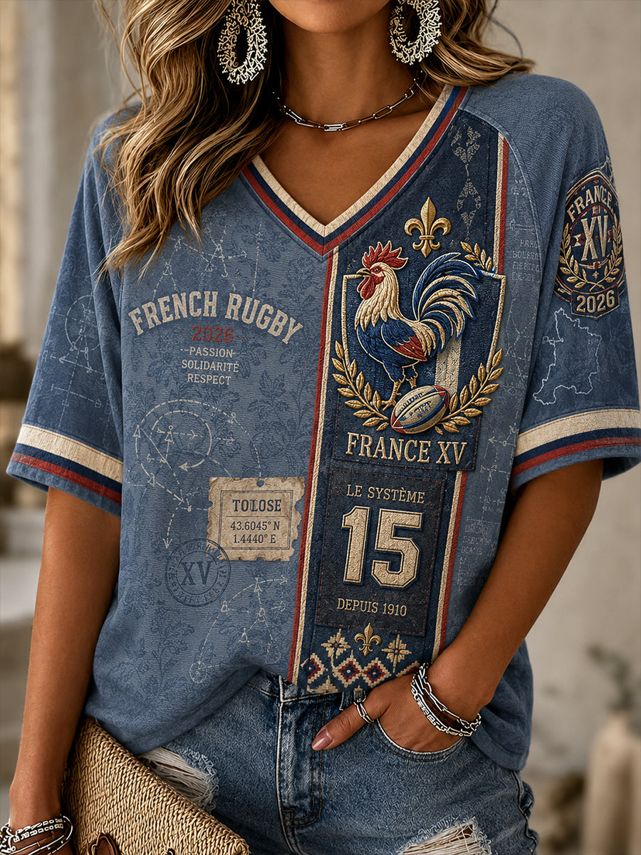 T-shirt femme de rugby français à col en V et manches courtes