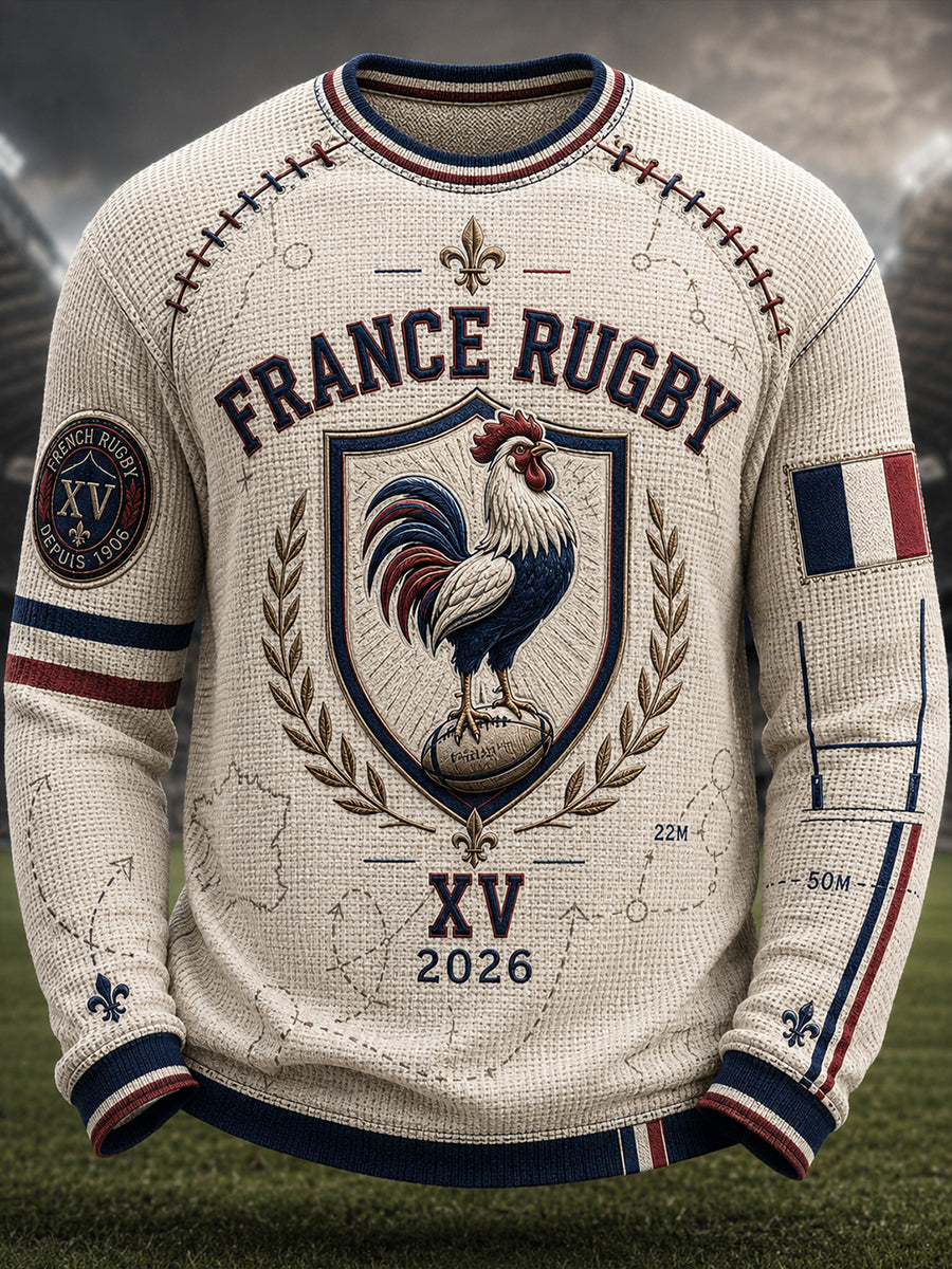 T-shirt manches longues en coton waffle pour homme, style rugby français