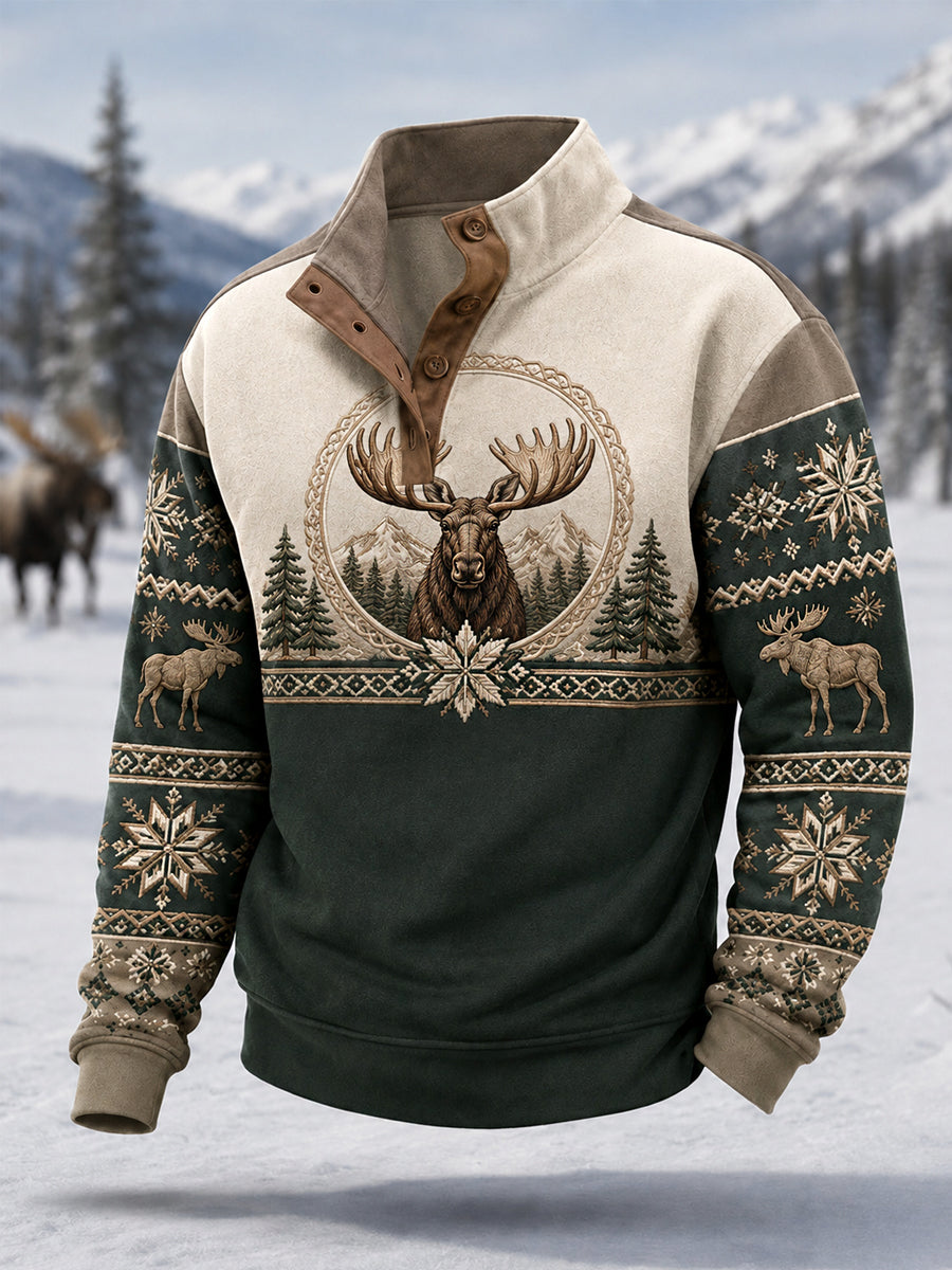 Pull décontracté à boutons pour homme, motif orignal, collection hiver