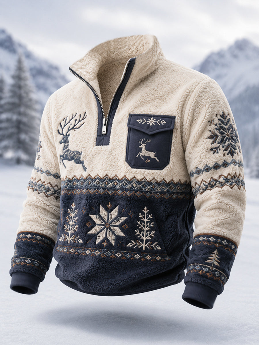 Pull zippé en peluche au motif traditionnel nordique avec rennes pour homme