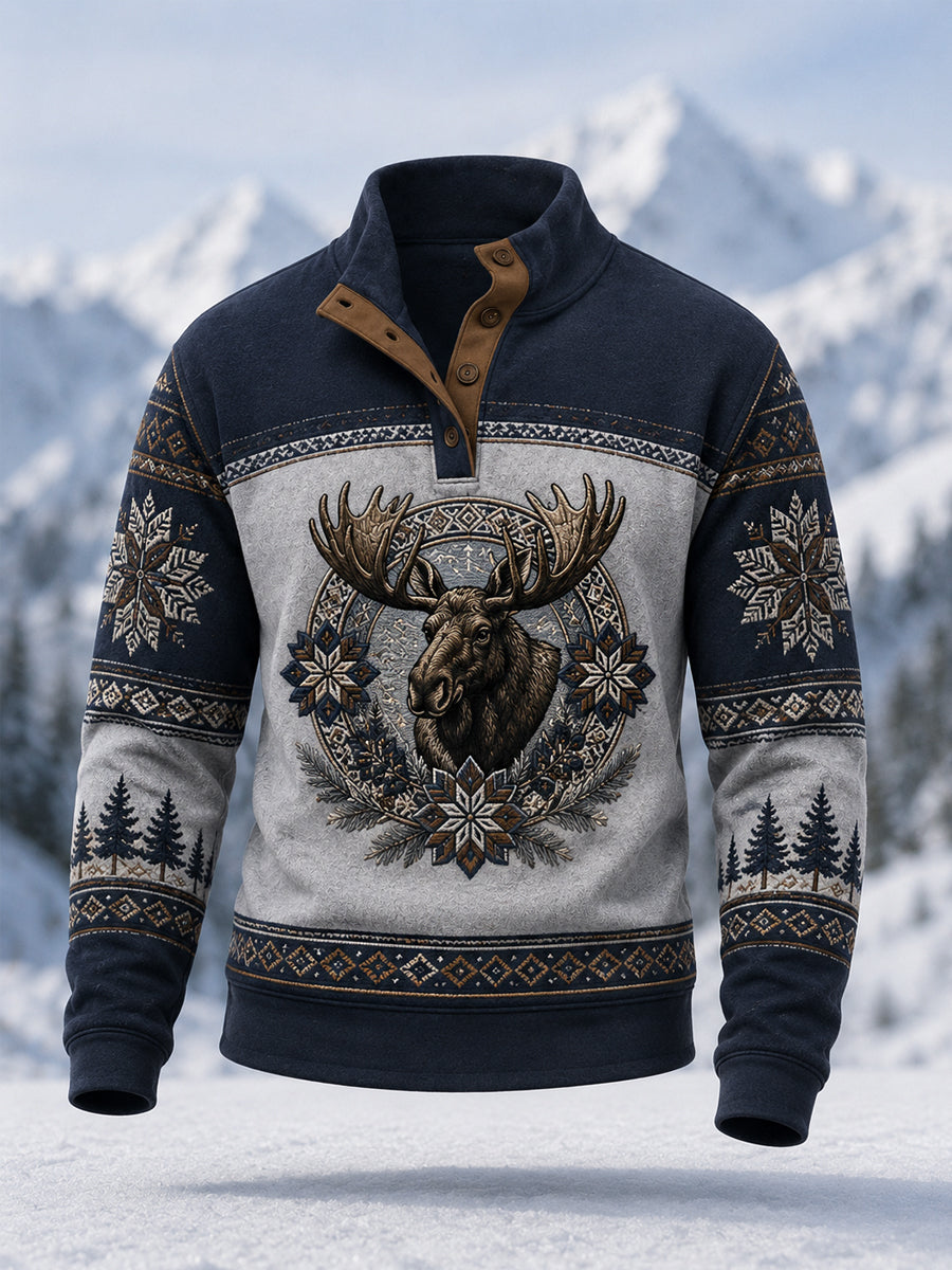 Pull décontracté à boutons pour homme, motif orignal, collection hiver