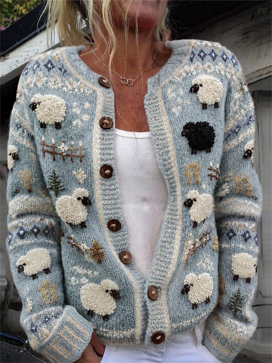 Cardigan douillet pour femme, style vintage, motif mouton moelleux de ferme