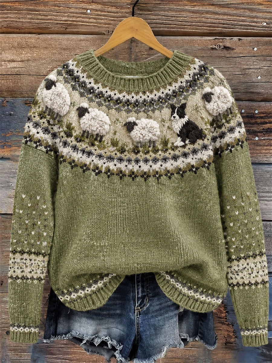 Pull col rond confortable pour femme, motif bordier avec colley et moutons de l’île