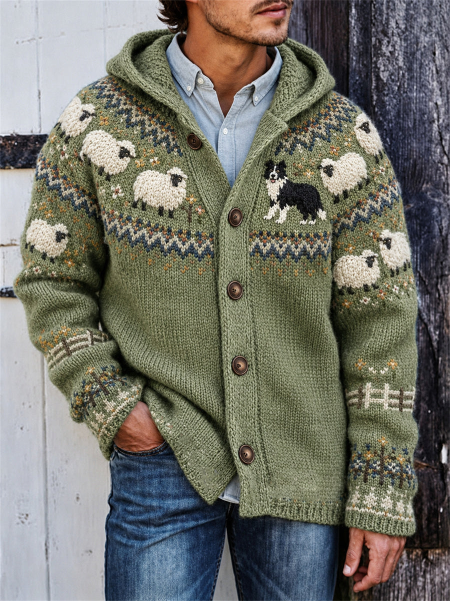 Cardigan à capuche pour homme, motif vintage de ferme avec border collie et moutons, imprimé Yoke Isle