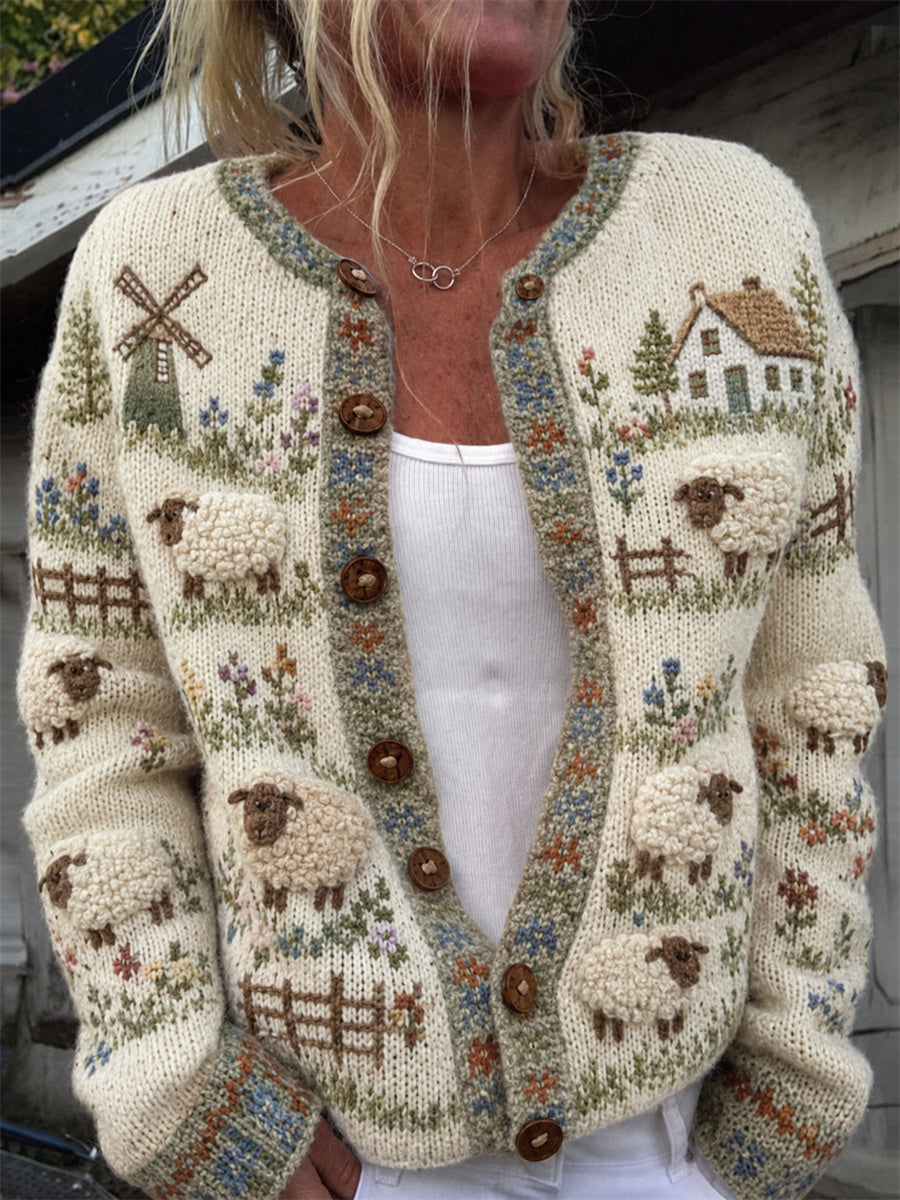 Cardigan confortable pour femme, style rétro, motif floral avec moutons douillets et imprimé île