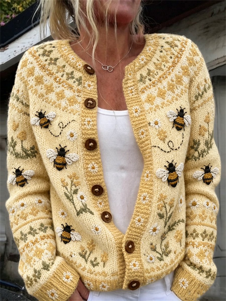 Veste en tricot style cardigan pour femme Vintage Flying Bees Farm Floral Isle Print