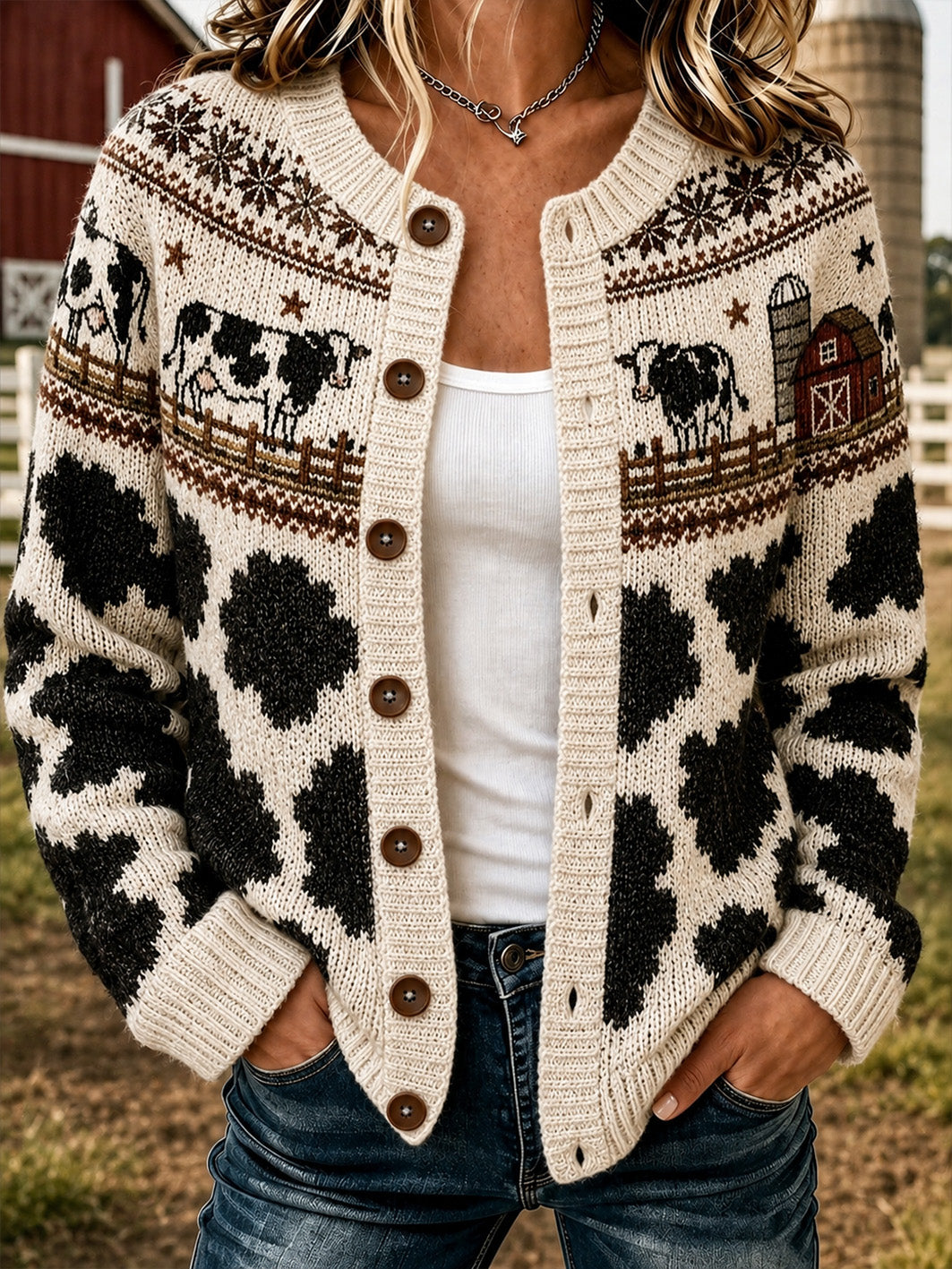 Veste en maille décontractée à boutonnage croisé, imprimée d’un motif vache de ferme pour femme