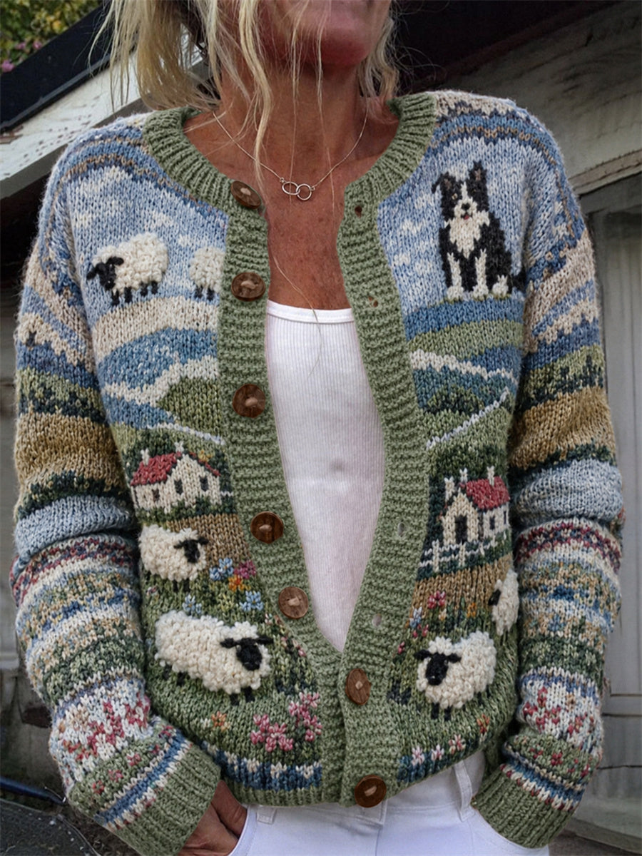 Femmes Border Collie Vintage & Sheep Farm Paysage Isle Imprimer Cardigan Style Veste en tricot