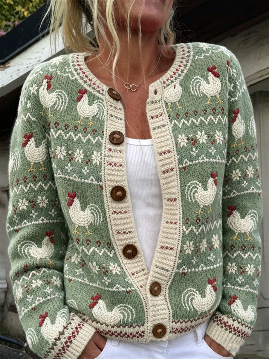 Cardigan confortable pour femme, motif vintage coqs de ferme sur l’île