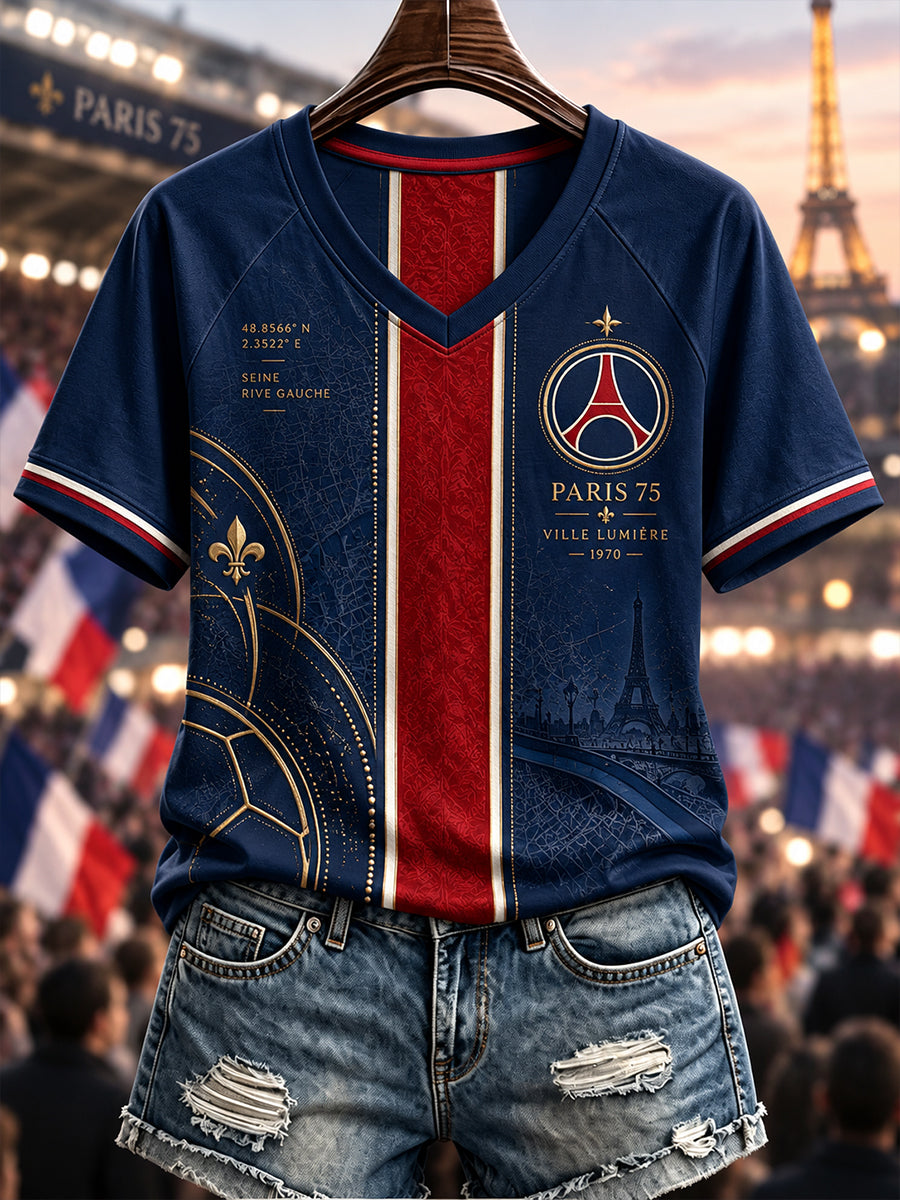 T-shirt à col en V et épaules dénudées à manches courtes pour femme, Paris Saint-Germain