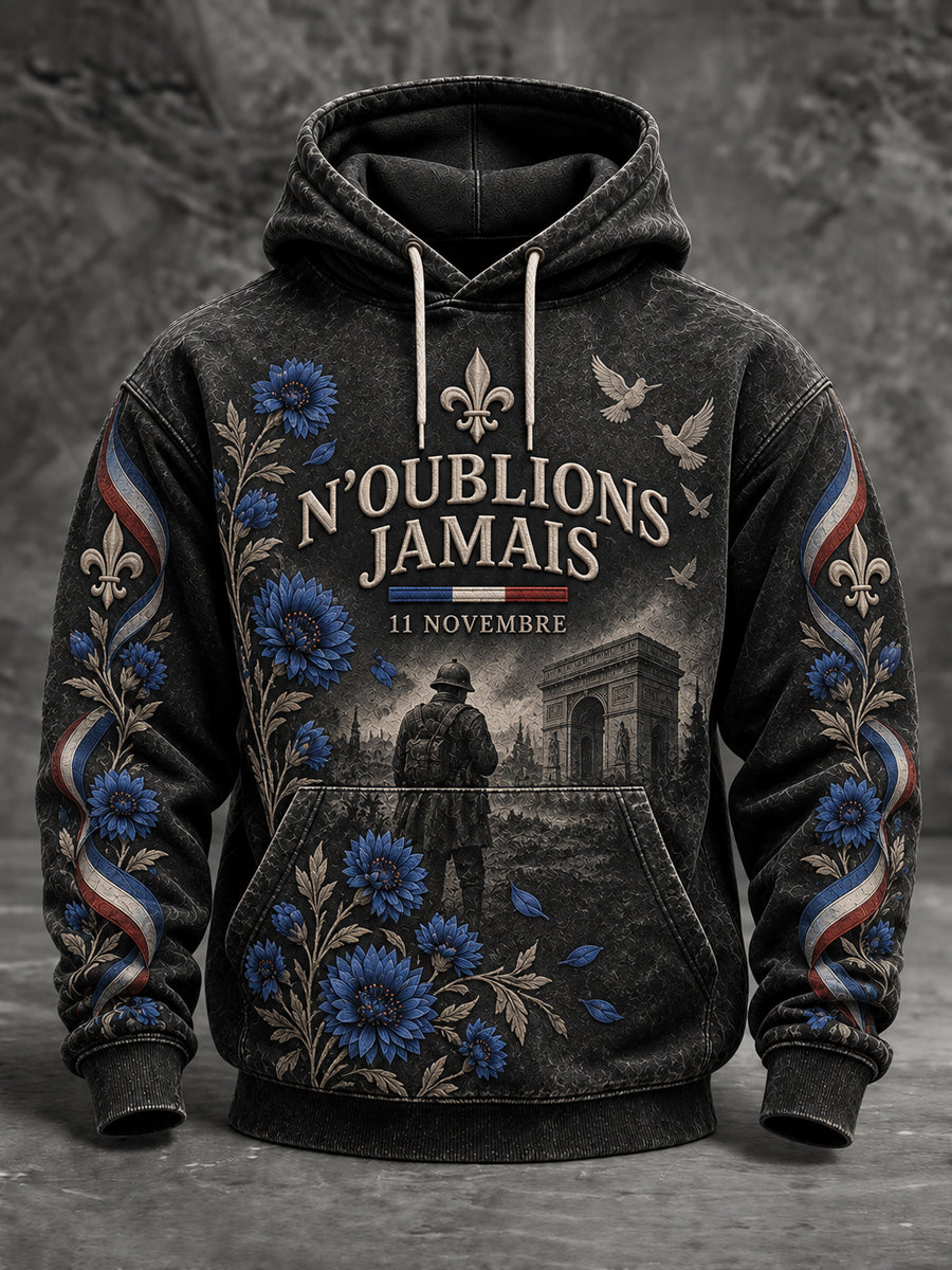 Sweat à capuche oversize imprimé «Armistice du 11 Novembre» pour homme, à épaules tombantes et avec poches