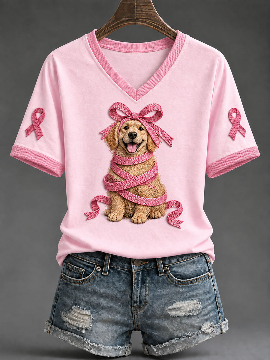 T-shirt Décontracté Femme Ruban Rose Imprimé Golden Retriever