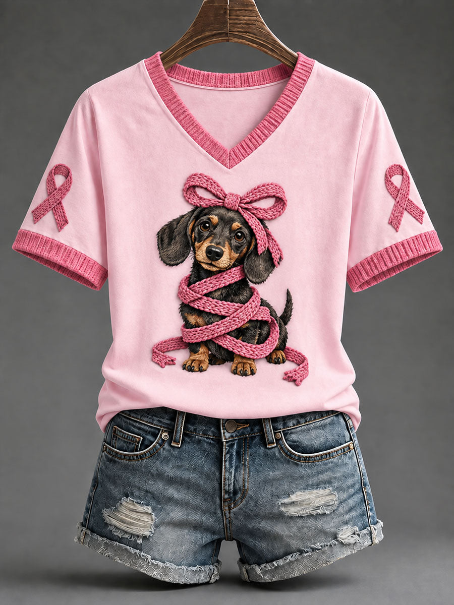 T-shirt décontracté imprimé teckel ruban rose pour femme