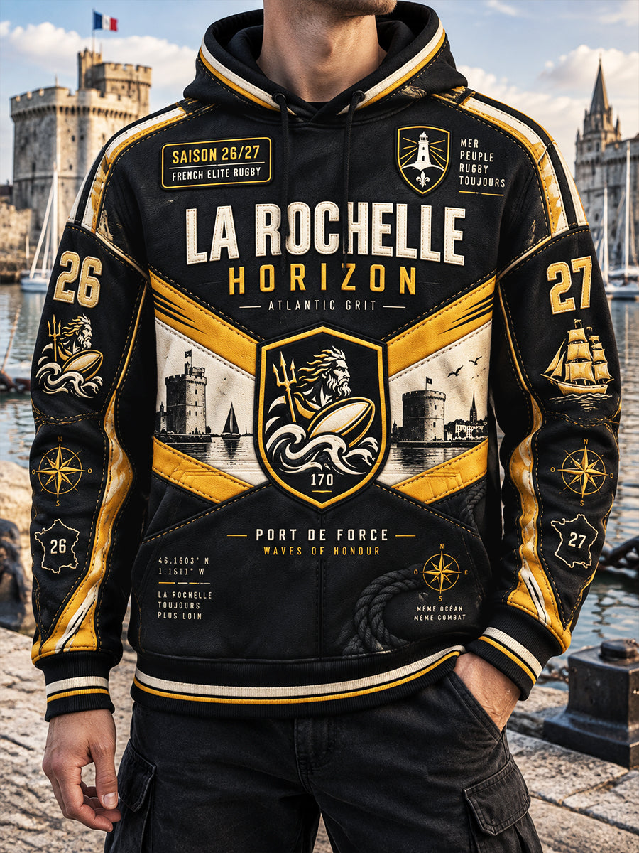 Sweat-shirt à capuche décontracté à imprimé patchwork pour homme, équipe de rugby française noire de La Rochelle