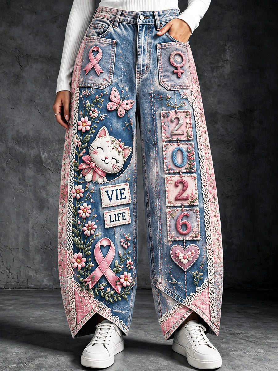 Pantalon décontracté femme effet denim patchwork de cancer du sein à la française