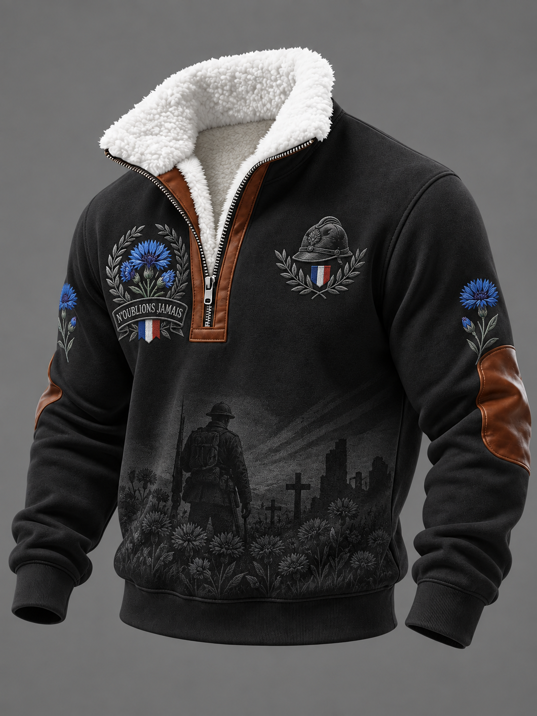 Chemise N'OUBLIONS JAMAIS à col montant en peluche imprimée pour homme