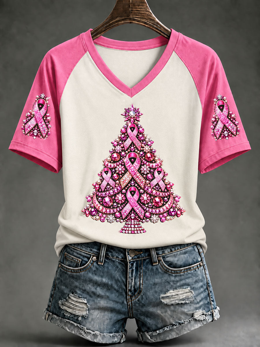 Femmes sensibilisation au cancer du sein ruban rose arbre de Noël v-cou T-shirt