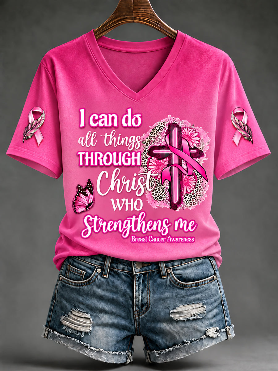 T-shirt à manches courtes rose en soutien à la sensibilisation au cancer du sein chez les femmes