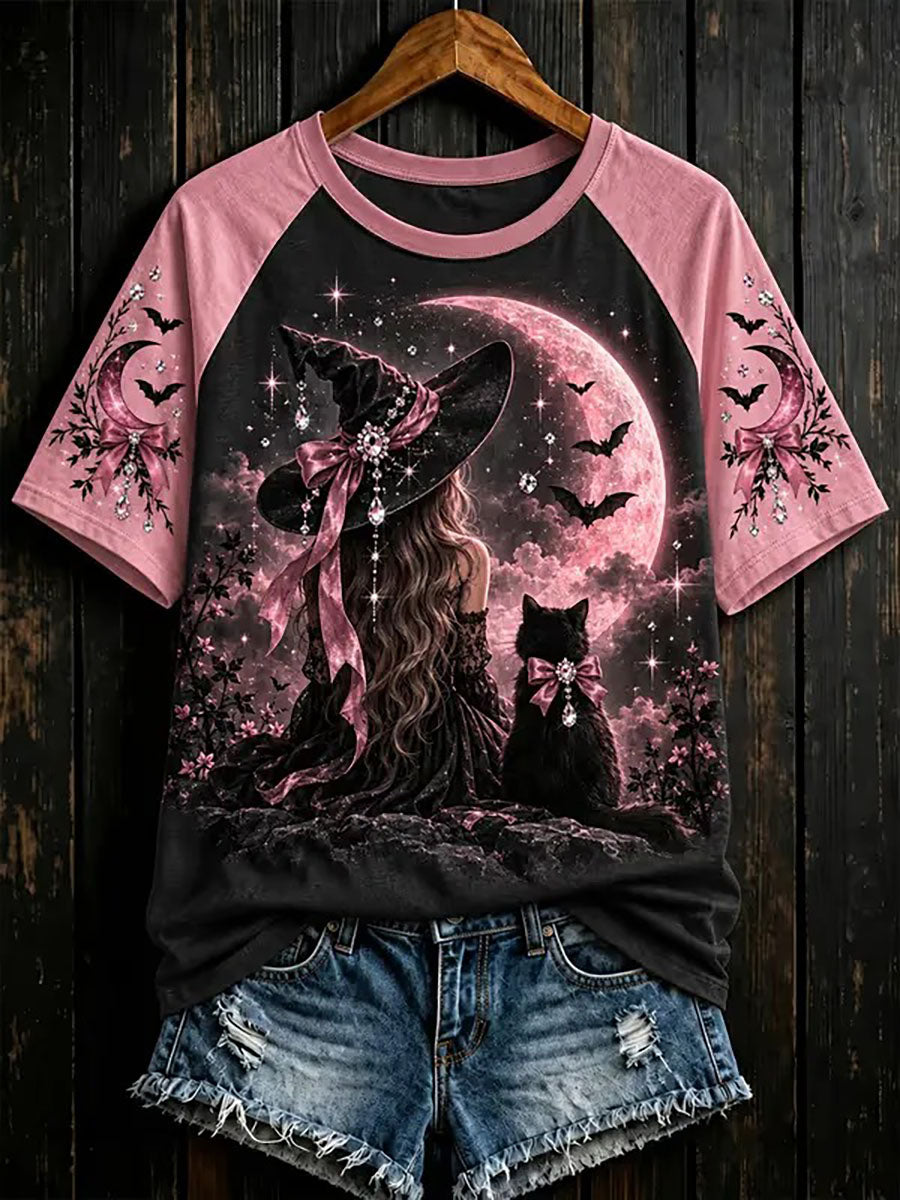 Sensibilisation au cancer du sein pour femmes-T-shirt imprimé chat noir sorcière rose