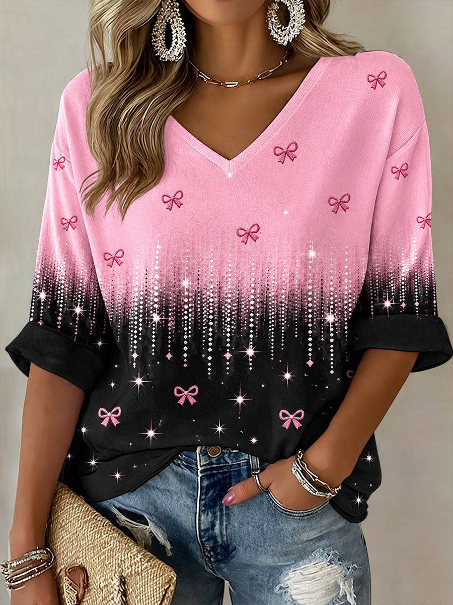 T-shirt col en V à manches mi-longues pour femmes