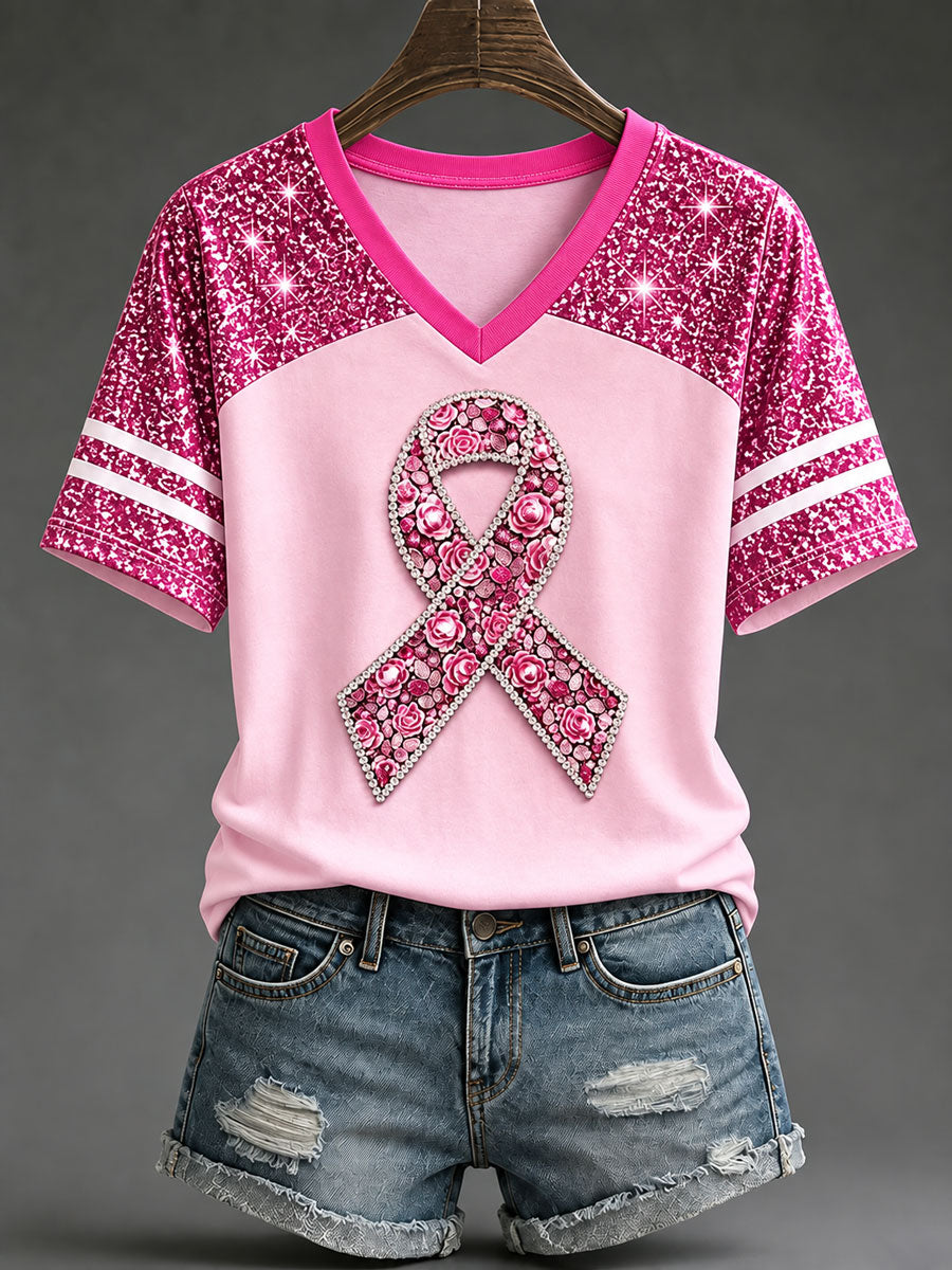 T-shirt décontracté imprimé de sensibilisation au cancer du sein pour femmes