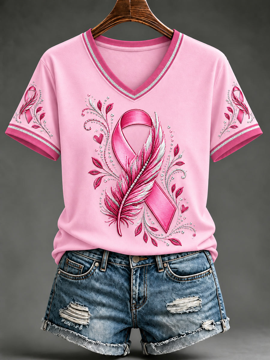 T-shirt à manches courtes rose en soutien à la sensibilisation au cancer du sein chez les femmes