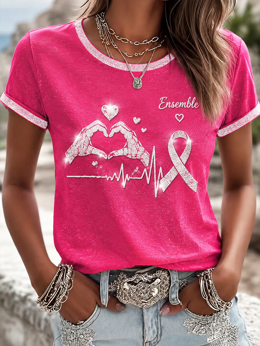 T-shirt décontracté rose pour femmes avec imprimé français sur le cancer du sein