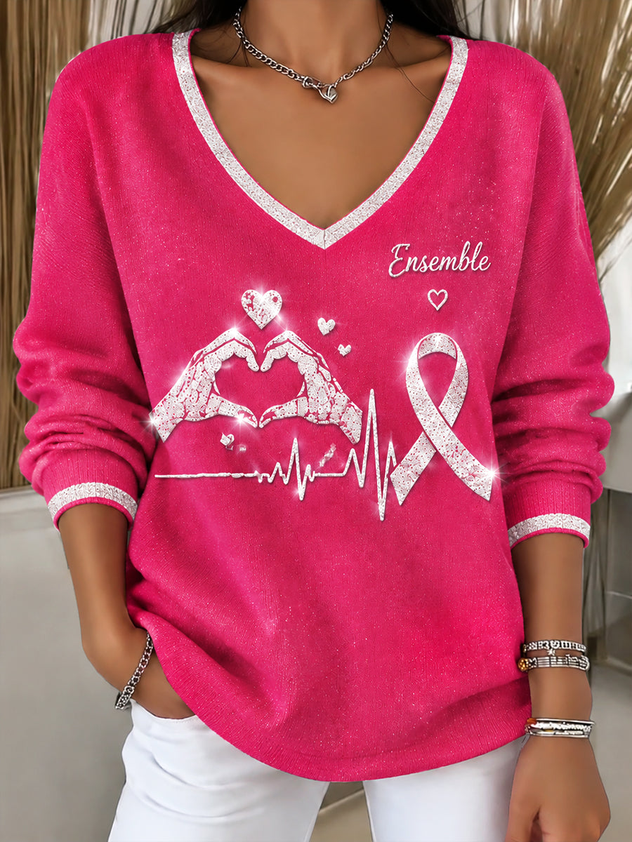 Femmes Sensibilisation au cancer du sein Floral Rose Décontracté Col en V Haut style pull